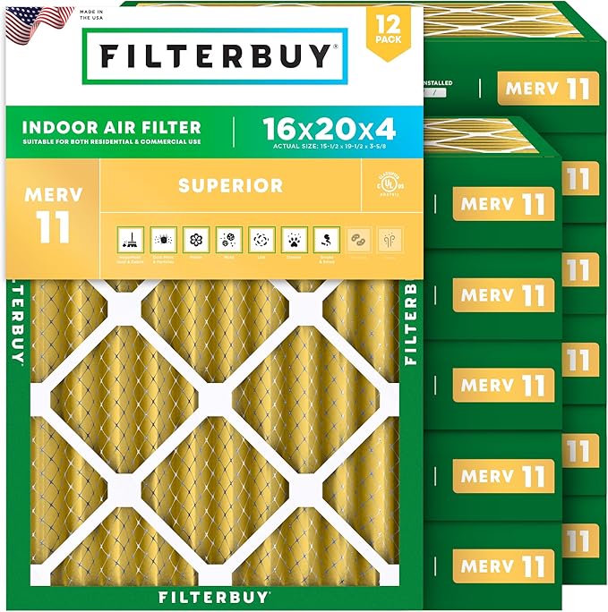 Filterbuy 16x20x4 Air Filter MERV 11 Superior Pet & Allergy Defense (12-Pack), Electrostatic Pleated HVAC AC Furnace Filters Replacement, Made in USA (Actual Size: 15.50 x 19.50 x 3.63)