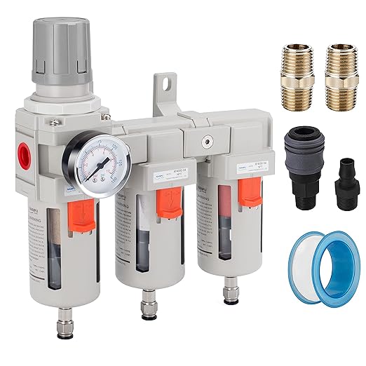 NANPU Three Stage Air Drying System - 5 Micron Particulate Filter, 0.5＆0.01 Micron Coalescing Filters, Air Pressure Regulator Combo - 0-150 psi Gauge, Semi-Auto Drain, Metal Bracket（3/8" NPT）