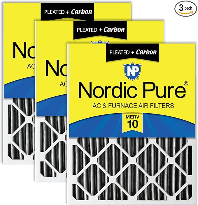 Nordic Pure 20x25x2 (Actual Size: 19 1/2 x 24 1/2 x 1 3/4) Furnace Air Filters MERV 10 Pleated Plus Carbon 3 Pack
