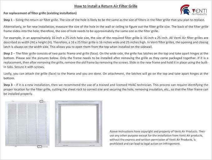 Venti Air 14" X 24" Steel Return Air Filter Grille - Removable Face/Door for 1 inch Filters - HVAC Duct Cover Grill (2-3 Business Day Delivery) [Outer Dimension: 16.5"W X 26.5" H]