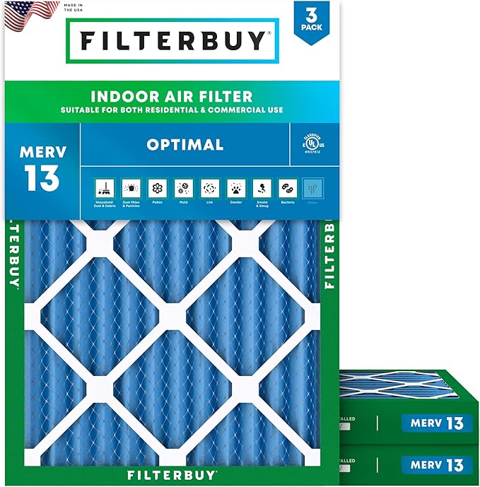 Filterbuy 20x25x2 Air Filter MERV 13 Optimal Smoke & Allergy Defense (3-Pack), Electrostatic Pleated HVAC AC Furnace Filters Replacement, Made in USA (Actual Size: 19.50 x 24.50 x 1.75)