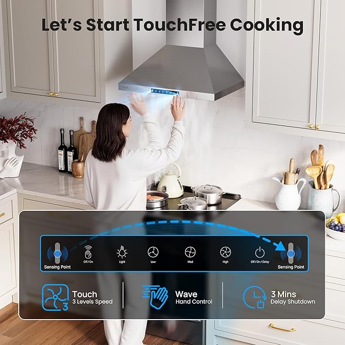 Wall Mount 30 Inch Range Hood 900 CFM, Ductless/Ducted Convertible Kitchen Hood, 3-speed Gesture Sensing & Touch Control, Stainless Steel Kitchen Vent Hood with Permanent Baffle Filters