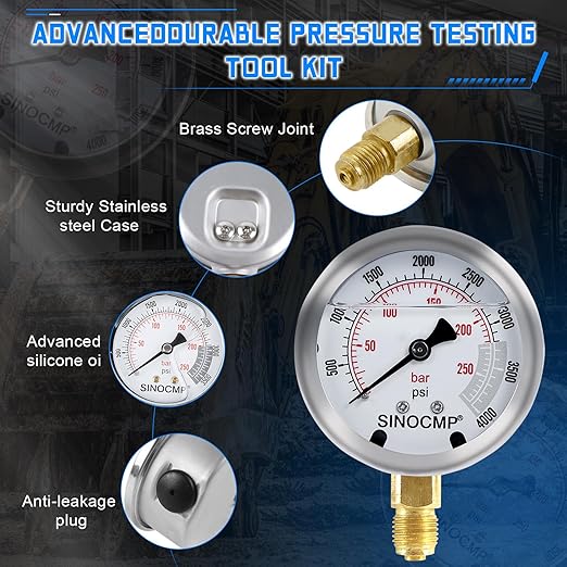 SINOCMP Hydraulic Pressure 3 Gauges(25/40/60MPa) Test Kit with 4 Test Hoses & 14 Straight Connectors & 19 Tee Connectors for Construction Machinery Excavator(Black)