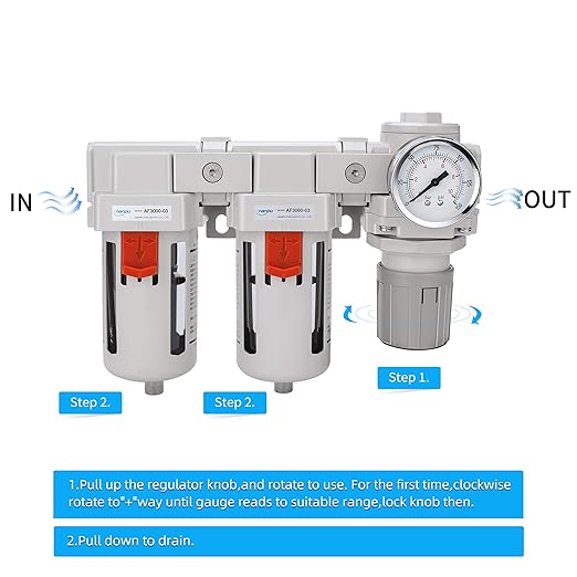 NANPU DFR-03 3/8" NPT Air Drying System - Double Air Filters, Air Pressure Regulator Combo - Semi-Auto Drain, Poly Bowl