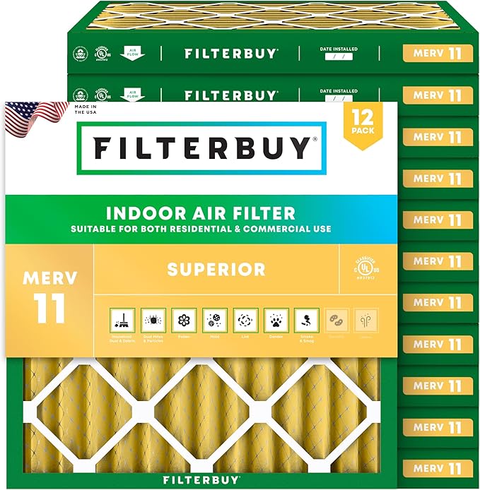 Filterbuy 12x12x2 Air Filter MERV 11 Superior Pet & Allergy Defense (12-Pack), Electrostatic Pleated HVAC AC Furnace Filters Replacement, Made in USA (Actual Size: 11.50 x 11.50 x 1.75)