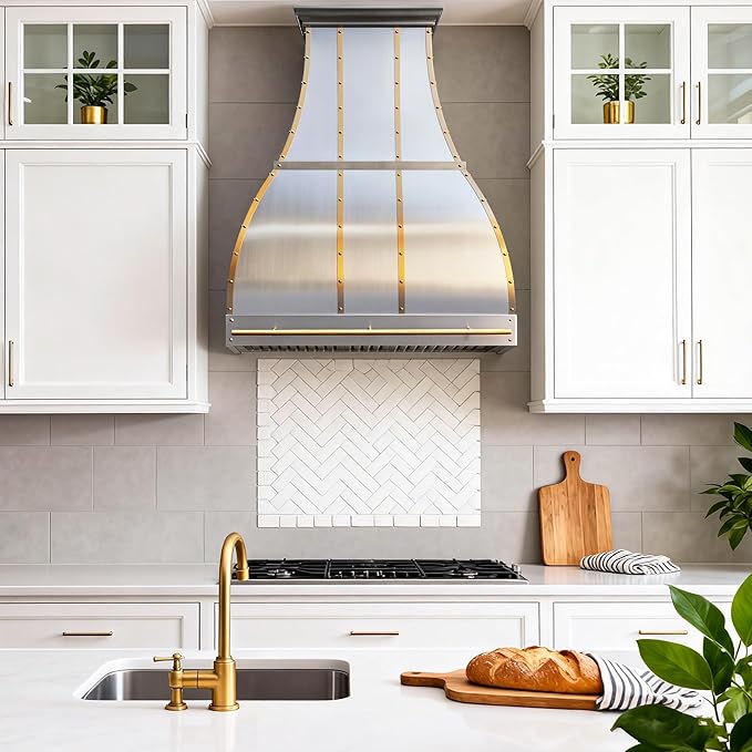 CHETTO C Stainless Steel Range Hood Cover with Quiet Vent Hood Insert Custom Handcrafted Metal Kitchen Fan with Towel Rack LED Light 36"W x21"D x33"H Brushed Stainless Steel Wall Mount