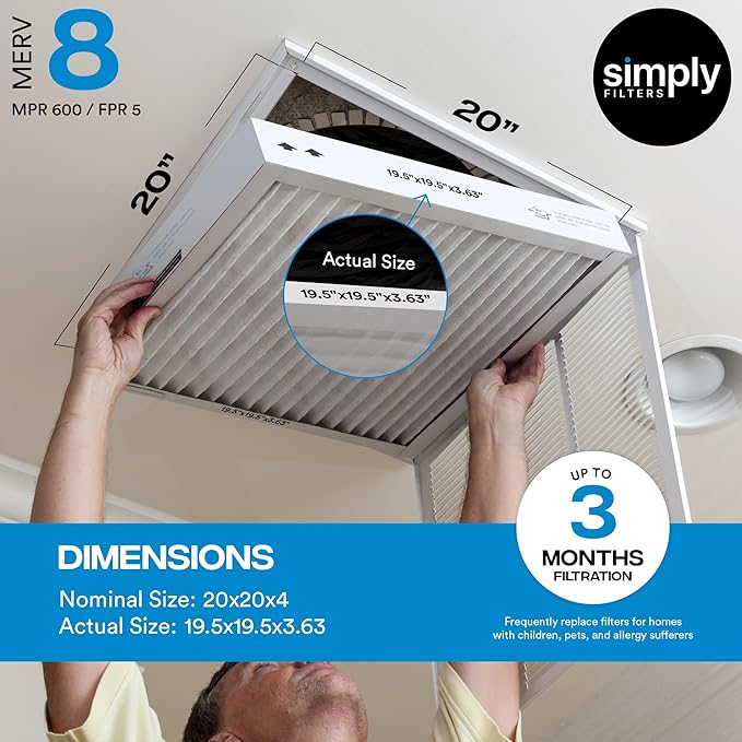 Simply 20x20x4 Air Filter, MERV 8, 6 Pack, Furnace Air Filter for HVAC (Actual Size:19.5"x19.5"x3.63") DUST, Pet, & Allergy Control