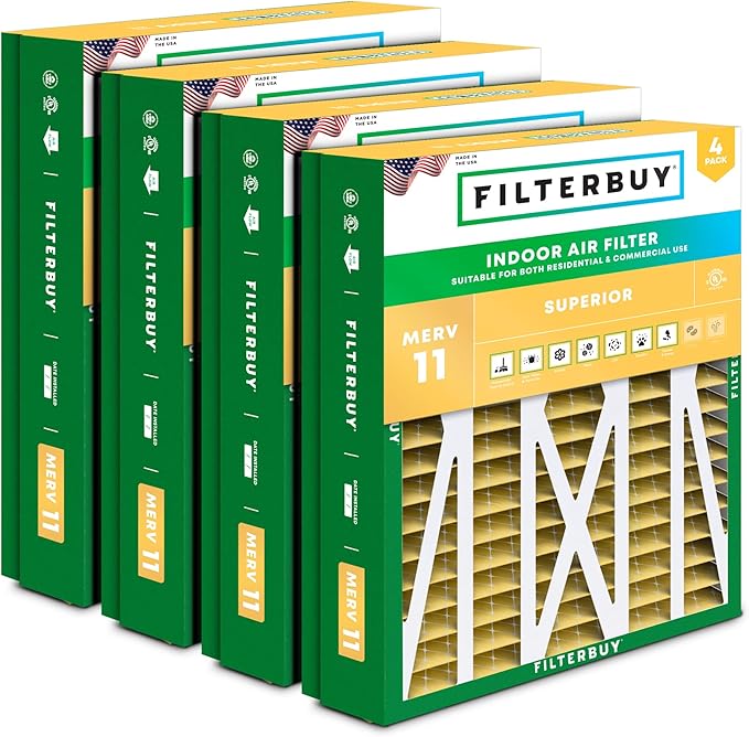 Filterbuy 24.5x27x5 Air Filter MERV 11 Superior Pet & Allergy Defense (4-Pack), Pleated HVAC AC Furnace Filters for Trane, American Standard, Honeywell, and More (Actual Size: 24.06 x 26.13 x 4.97)