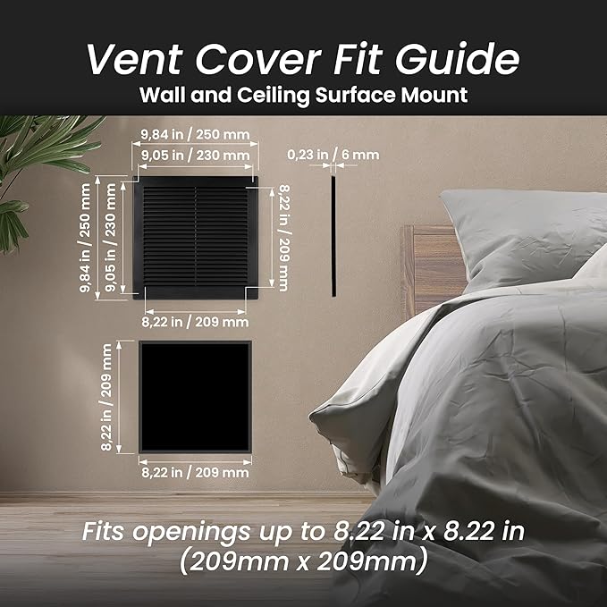Repa Market 10 x 10 Inch (Outer) Black Square Air Vent Cover - Plastic Fresh Air Intake Vent - AC Cover with Nylon Mesh Screen, Wall, Ceiling HVAC Return Air Register, Modern Soffit Vents