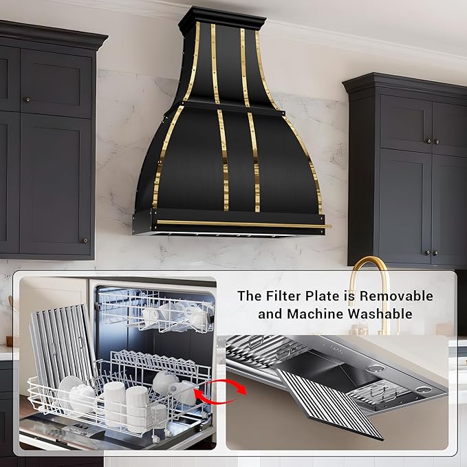 CHETTO C Stainless Steel Range Hood Cover with 4-Speed Vent Hood Insert Custom Handmade Metal Kitchen Fan with Towel Rack LED Light 48"W x24"D x36"H Black Wall Mount