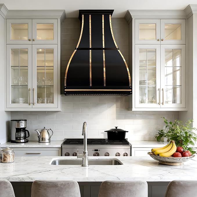 CHETTO C Stainless Steel Range Hood Cover with 4-Speed Vent Hood Insert Custom Handmade Metal Kitchen Fan with Towel Rack LED Light 48"W x21"D x42"H Black Wall Mount