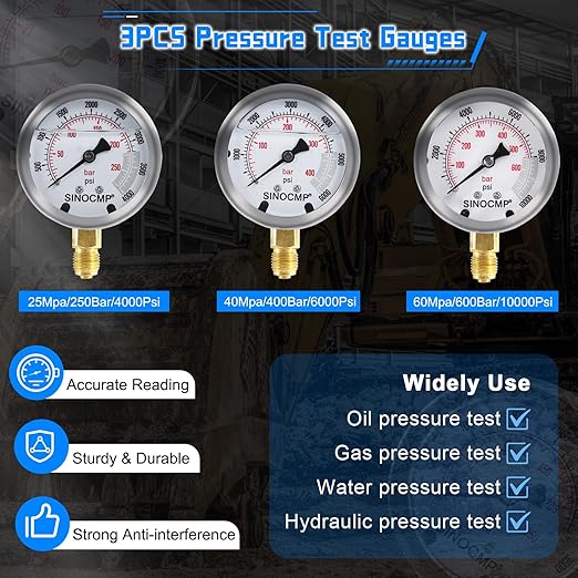 SINOCMP Hydraulic Pressure Gauge Test Kit Tractor Hydraulic Tester Set with 3 Gauges(25/40/60Mpa) 3 Hoses(64.5in) 11 Quick Connectors for Excavator Construction Machinery(Silver)