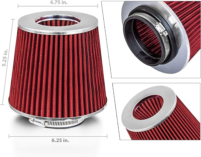 Mortar Aftermarket Auto Air Filter Replacement - Car Enthusiast Class Universal Cold Air Intake Gulps in More Air for More Engine Power & Passionate Induction Sound, 3.5 In, Red