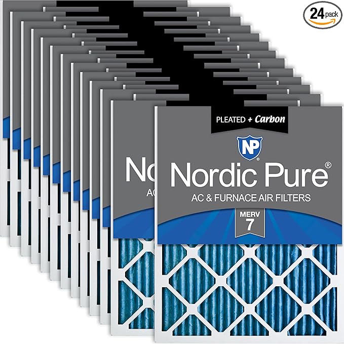 Nordic Pure 20x20x1 (Actual Size: 19 1/2 x 19 1/2 x 3/4) Pleated Air Filters MERV 7 Plus Carbon 24 Pack