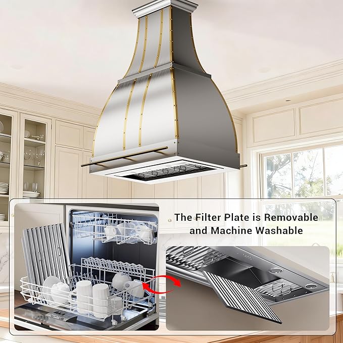 CHETTO C Stainless Steel Range Hood Cover with Quiet Vent Hood Insert Custom Handcrafted Metal Kitchen Fan with Towel Rack LED Light 42"W x27"D x60"H Brushed Stainless Steel Island Mount