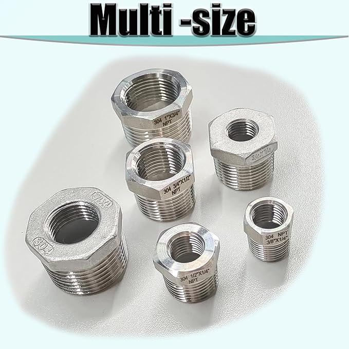 1/2" NPT Male to 3/8" NPT Female Hex Bushing Reducer, 304 Stainless Steel NPT Reducing Adapter Pipe Fitting, Heavy Duty Pipe Hex Bushing for Reducing Pipe (1/2” MNPT x 3/8” FNPT)