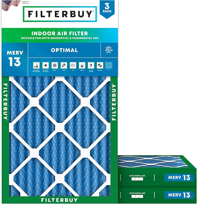 Filterbuy 14x24x2 Air Filter MERV 13 Optimal Smoke & Allergy Defense (3-Pack), Electrostatic Pleated HVAC AC Furnace Filters Replacement, Made in USA (Actual Size: 13.50 x 23.50 x 1.75)
