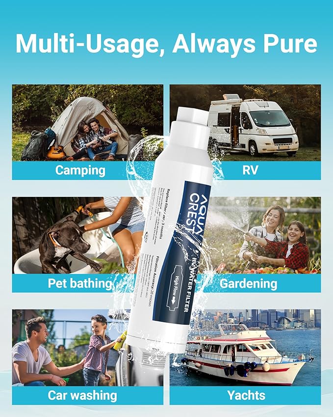 AQUA CREST RV Water Filter, RV Inline Water Filter with NSF Certified, Reduces Chlorine, Bad Taste and Odor, Ideal for Garden and Camper (Filter 4 Pack)