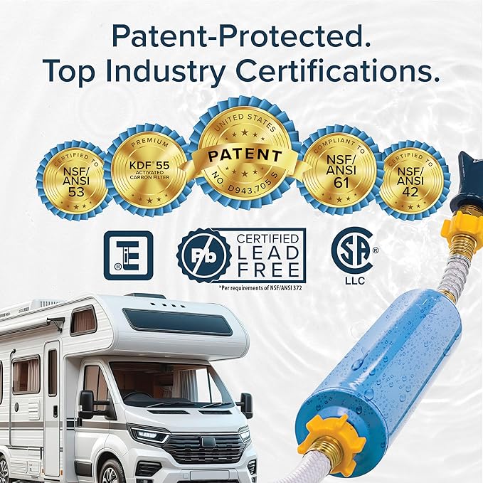 Camco Tastepure RV Water Filter - Advanced RV Inline Water Filter with Flexible Hose Protector - GAC & KDF Filtration - Made in USA - Camping Essentials for Fresh Drinking Water (40043)