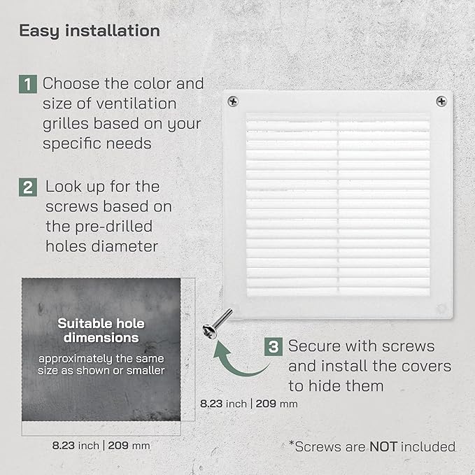 Vent Systems 8" x 8" (Opening Dimensions) White Plastic Soffit Vent Cover - Durable Flat Square Air Vent Grille with Mesh Screen - Weather Resistant Ventilation Grill, Wall & Ceiling, Indoor & Outdoor