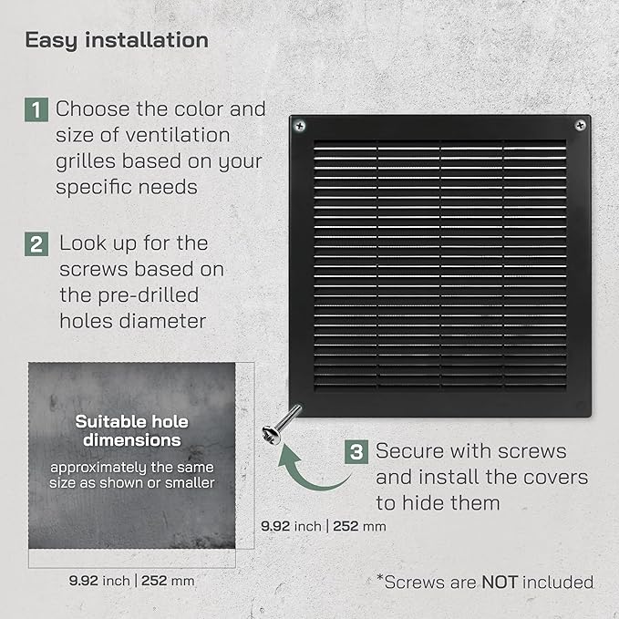 Vent Systems 10" x 10" - Pack of 2 - Black Plastic Soffit Vent Cover - Durable Flat Square Air Vent Grille with Mesh Screen - Weather Resistant Ventilation Grill - Wall & Ceiling, Indoor & Outdoor