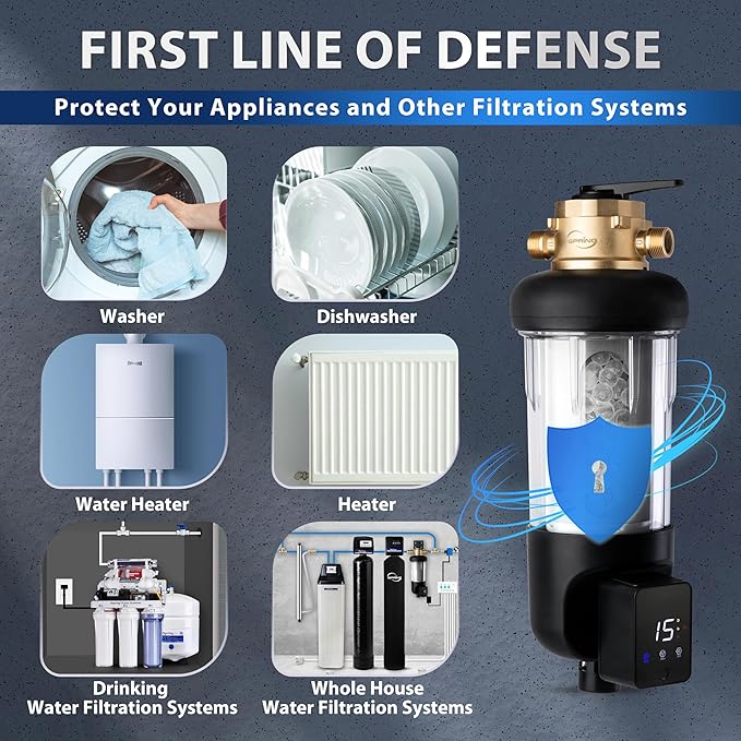iSpring WSP100SL-ARJ-BP, NSF Certified, Whole House Spin Down Sediment Water Filter with 4 Modes Bypass, Include Siliphos Helps Prevent Scale, Clear Housing, Jumbo Size with Touch-Screen Auto Flushing