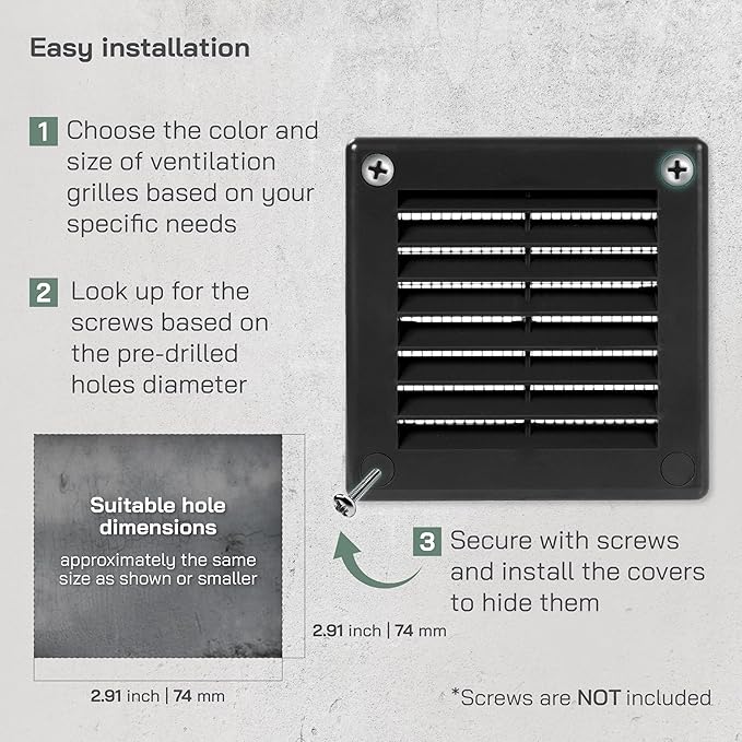 Vent Systems 4'' x 4'' Inch Black Soffit Vent Cover - Pack of 100 - Flat Square Air Vent Louver - Grille Cover - Built-in Insect Screen - HVAC Vents for Bathroom, Home Office, Kitchen 4x4 Inch